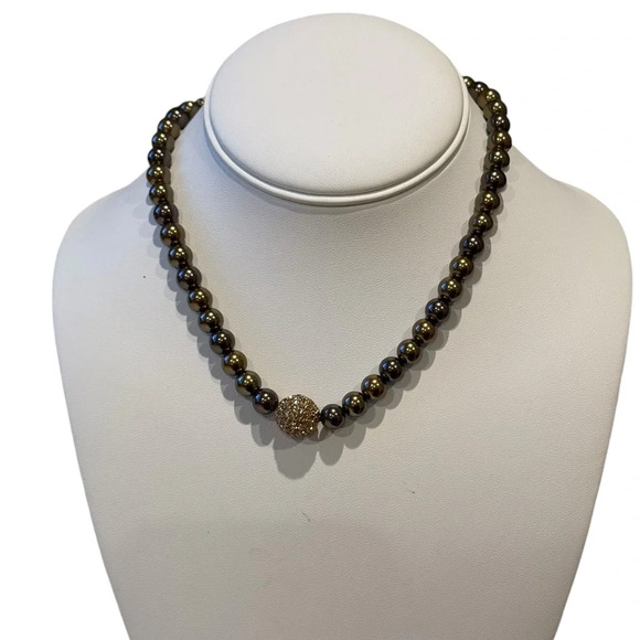 Signed Amber Brown Bead Necklace w/ Sparkly Gold Focal Bead – 18” Elegant - Picture 3 of 9